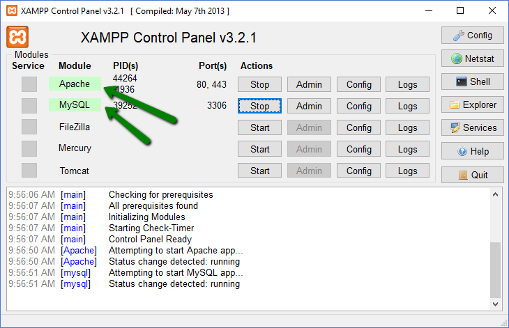 XAMPP interface - on