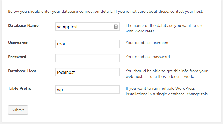 local WordPress DB installation