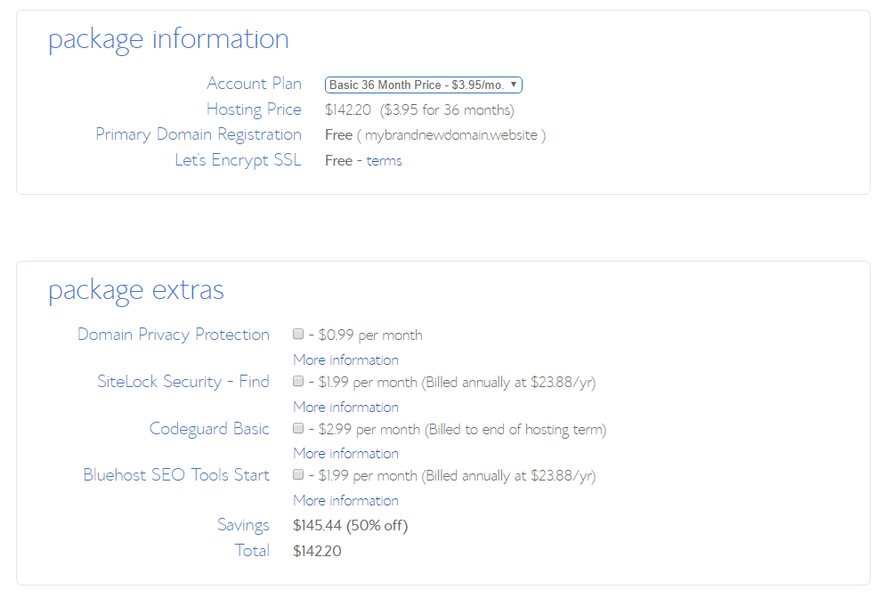 Bluehost packages
