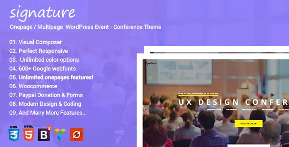 Signature - Responsive Onepage | Multipage Conference Event WordPress Theme