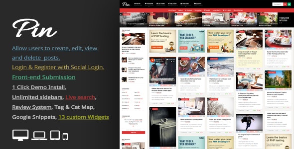 Pin = Pinterest Style / Personal Masonry Blog / Front-end Submission