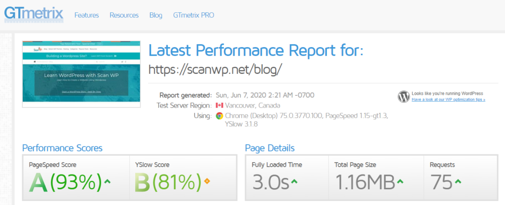 Scan WP on GTmetrix