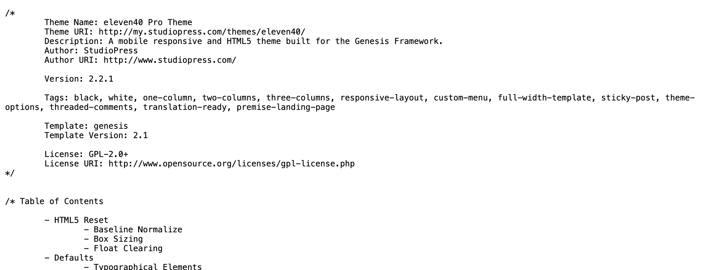 WordPress theme name in the style.css header comment, reading Theme Name eleven40 Pro Theme by StudioPress with Template genesis