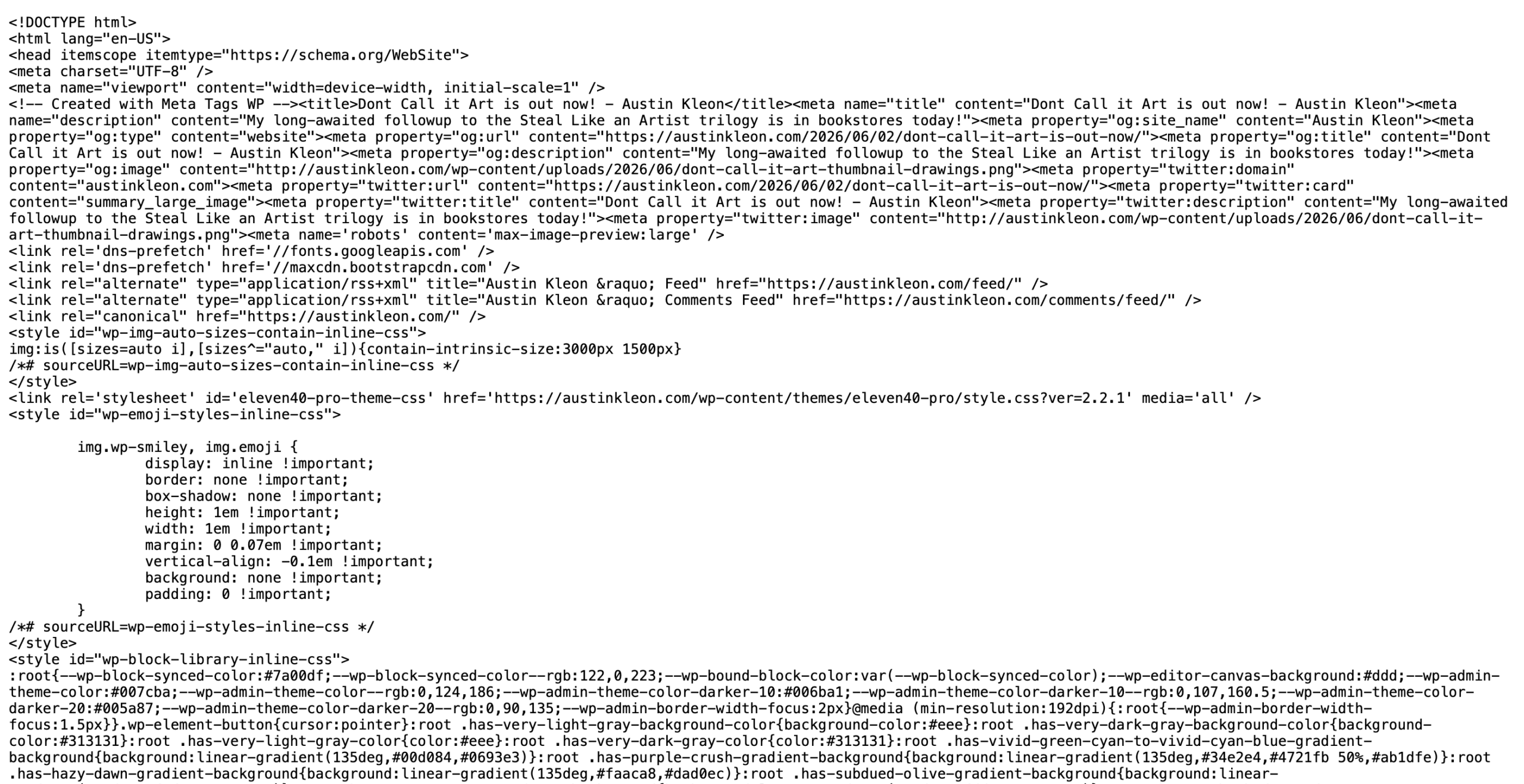 WordPress page source code showing the /wp-content/themes/eleven40-pro/ path that reveals the theme folder name