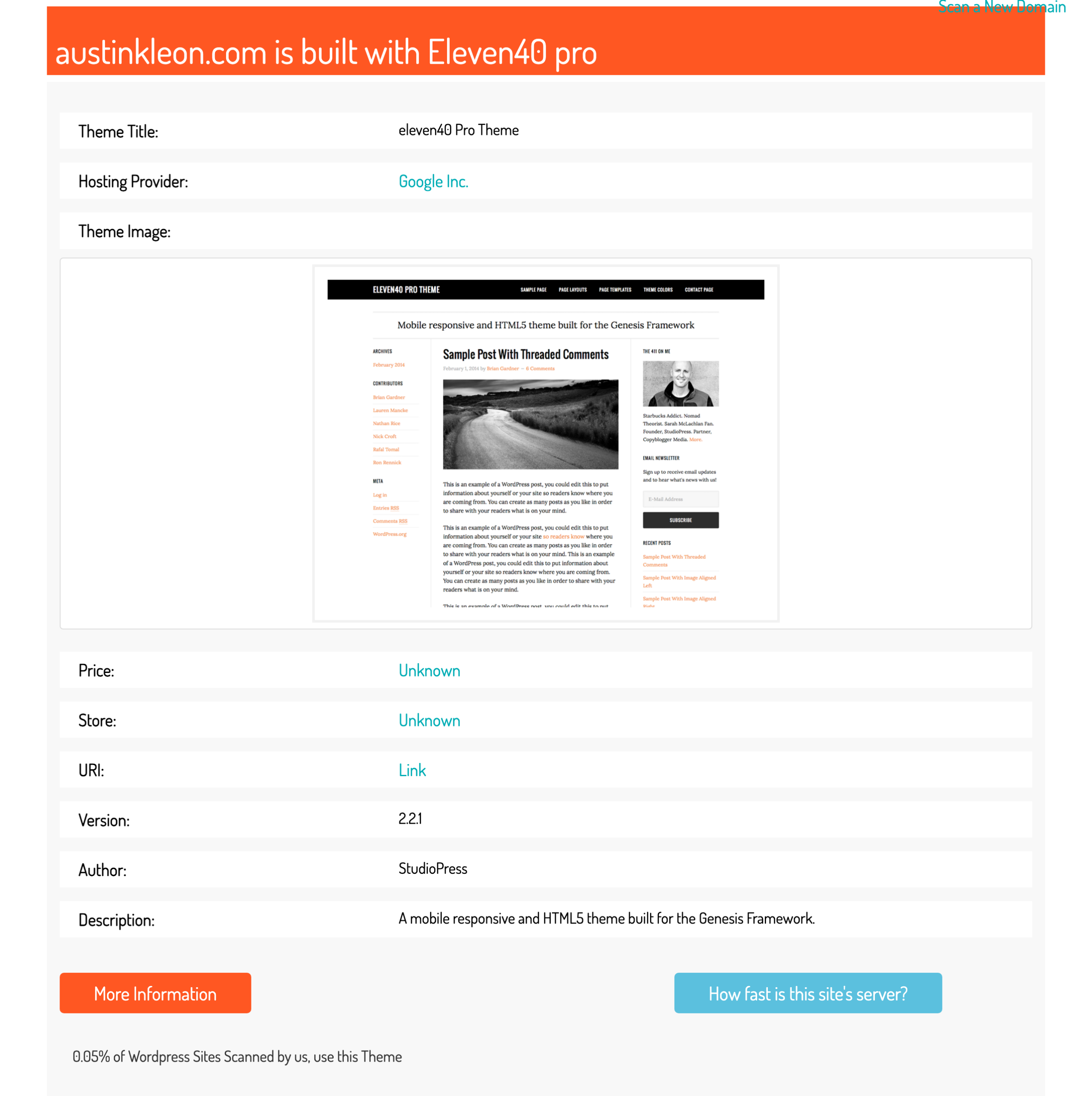 Scan WP theme detector result showing austinkleon.com is built with the eleven40 Pro Theme, version 2.2.1 by StudioPress, with host and usage data